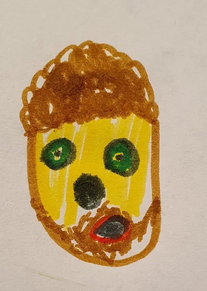 Tekening van Eli van een eikelmannetje met groene ogen