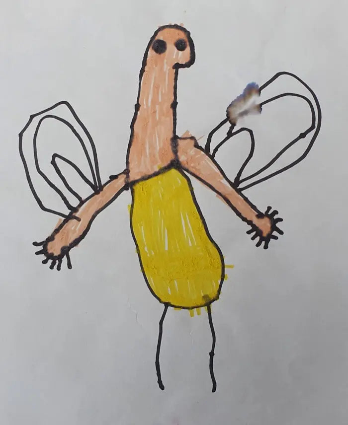 Tekening van Eli van een bijenman met vleugels