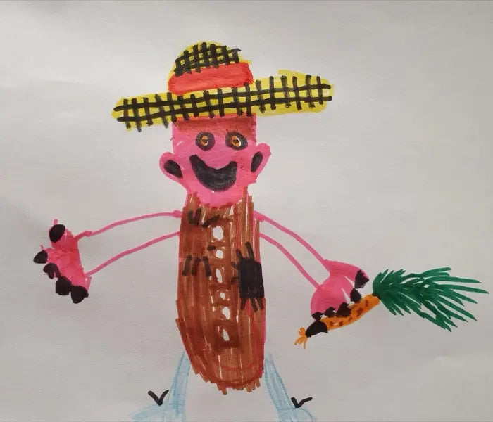 Tekening van Eli van een boer met strohoed en wortel