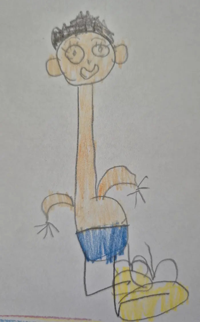 Tekening van Eli van een jongen met een lange nek