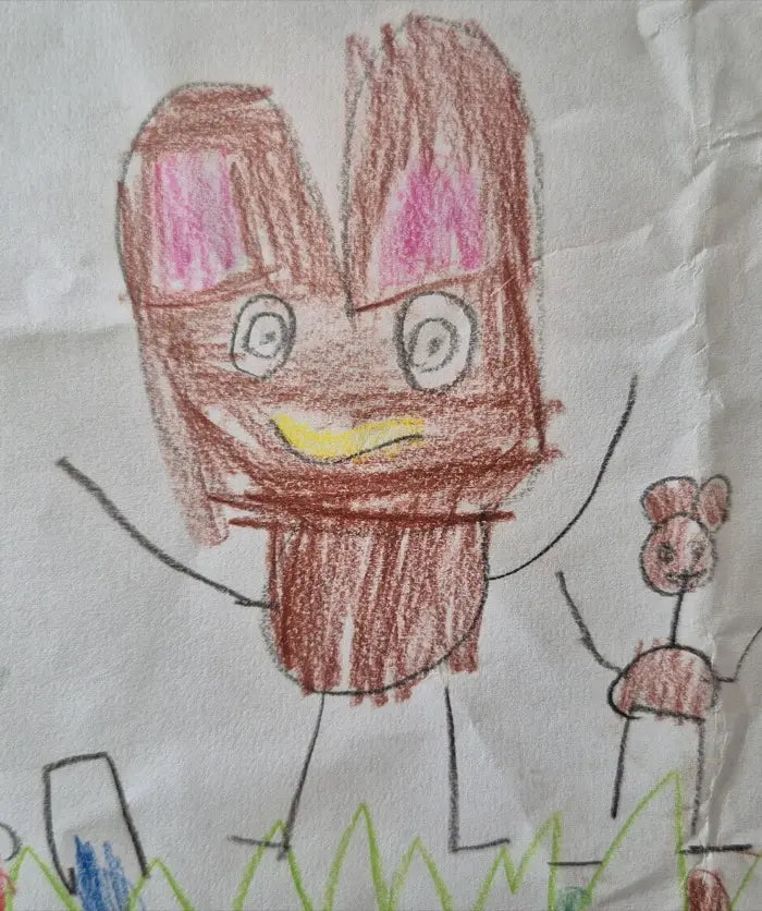 Tekening van Eli van een bruin konijn met roze oren