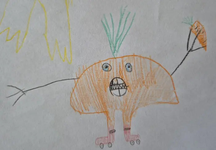 Tekening van Eli van een wortel op rolschaatsen